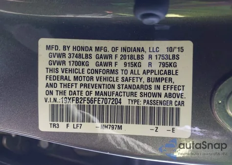 2015 Honda Civic Lx from USA, damaged, VIN 19XFB2F56FE707204